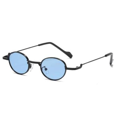 Imagem de Óculos de sol femininos ovais com armação de metal exclusiva retrô, lentes transparentes estilo oceano, UV400, óculos de sol punk da moda para homens (preto e azul)