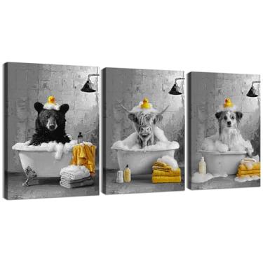 Imagem de YOUHONG 3 peças de arte de parede em tela animal - pôster engraçado de decoração de banheiro com moldura de madeira arte cômica de vaca, urso e cachorro - pronto para pendurar fotos de banheiro