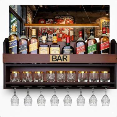 Imagem de Bar Barzinho Adega Aparador Suspenso Porta Taças Vinhos Bebidas Madeira Grande MDF Decoração Churrasco Rustico 100x45cm Tabaco Fosco