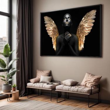 Imagem de Quadro com Moldura Sala Quarto Mulher Negra Anjo Dourado Luxo Decorativo Horizontal Grande Hall