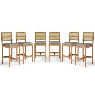 Imagem de Kit Com 6 Banqueta Milena Madeira Maciça Assento Estofado Encosto De Tela Palha Sextavada Veludo Chumbo 109