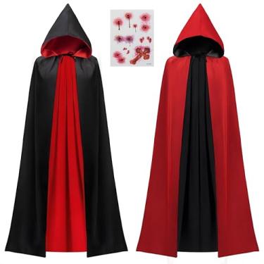 Imagem de JOYIN Acessórios de fantasia de vampiro unissex adulto capa de vampiro para festa temática de drácula da Transilvânia com capa com capuz reversível e cicatriz de tatuagem (47"/120 cm)