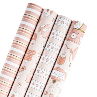 Imagem de WRAPAHOLIC Rolo de papel de embrulho para bebês meninas – Design fofo de roupas de bebê e hobby, perfeito para celebração, festa, presente de chá de bebê – 4 rolos – 76 x 304 cm por rolo