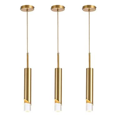 Imagem de Conjunto de 3 mini luzes pendentes douradas, lustre moderno para quarto, mesa de cabeceira, ilha de cozinha, sala de jantar, bar, tamanho pequeno, design elegante