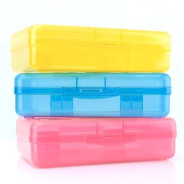Imagem de Estojo grande de plástico transparente - pacote com 3, caixa de armazenamento rígida para crianças e materiais de escritório - rosa, azul, amarelo