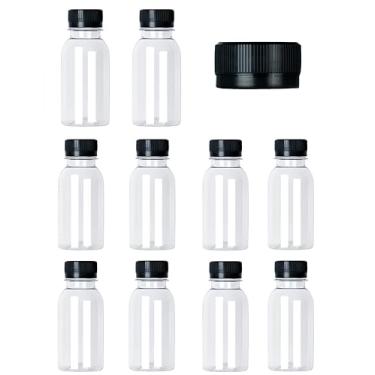 Imagem de 10 garrafas de suco de plástico duráveis de 85 g, recipientes de bebidas transparentes reutilizáveis para armazenar suco, beber milkshakes, leite e outros recipientes (tampa preta)