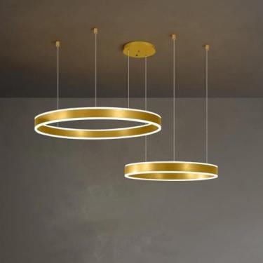Imagem de Lustre Escandinavo Simples Moderno Romântico Sala de Estar Luminárias Pendentes 2 Anéis Lustre Dourado Minimalismo Regulável Led Luminárias Pendentes Circular Rnd Entrada Teto