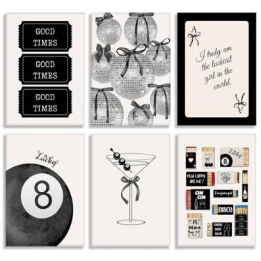 Imagem de Arte de parede moderna preta e branca com arcos descolados disco Lucky 8 Balls Matchbox Picture Wall Decor Vintage Tickets Ace Painting Prints Martini Cocktail Y2K Posters Obra de arte para quarto de