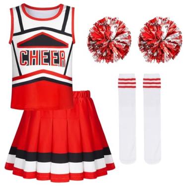Imagem de COTRIO Roupa de líder de torcida para meninas, fantasia de líder de torcida com pompons, roupas para prática de torcida, para crianças, uniforme de líder de torcida, tamanho 10 (9 a 10 anos, vermelho)