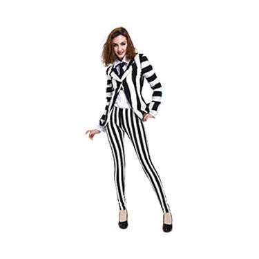 Imagem de miccostumes Blazer feminino preto branco listrado vertical fantasia de terror calça legging com gravata, Preto e branco, GG