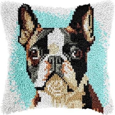 Imagem de French Boston Terrier Kits de travesseiro com gancho de trava padrão de lona impressa crochê cruz Stich Hooking fronha artesanato bordado trava gancho kits de crochê conjunto 43 x 43 cm (95)