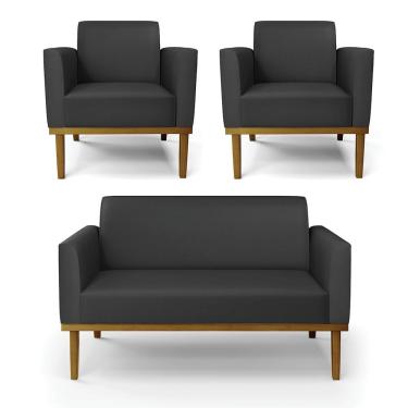 Imagem de Conjunto 2 Poltronas e 1 Namoradeira Decorativa Isabella Pés Fixo em Madeira Castanho PU Preto G19 - Gran Belo