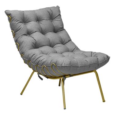 Imagem de Poltrona Decorativa Sala de Estar Abel Base de Ferro Dourada Linho Cinza  - Gran Belo