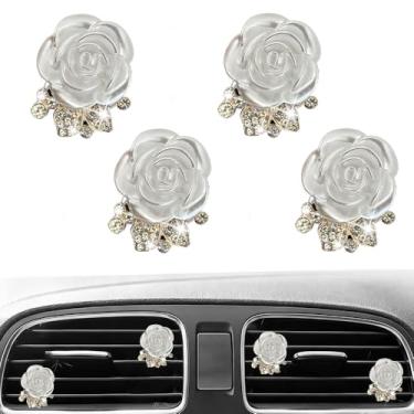 Imagem de 4 peças de clipes de ventilação de flores brilhantes fofos, purificadores de ar, difusor com pingente de decoração de interiores de strass, acessórios de decoração de diamante para mulheres e meninas