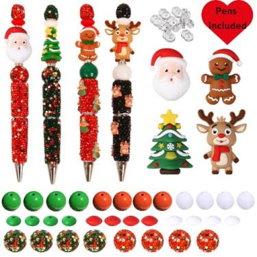 Imagem de JMCRATE Kit de fabricação de canetas Chritmas com contas de silicone 3D, contas de strass, bola de discoteca, árvore de Natal para material de escritório, presente de Natal para mulheres