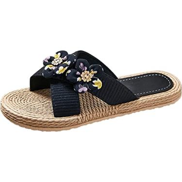 Imagem de Chinelos para idosos senhoras, flores planas e florais, Preto, 4.5