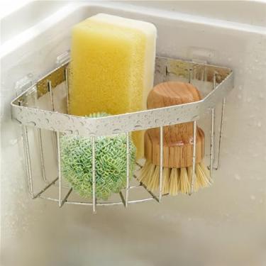 Imagem de COKOEYSDR Organizador de pia montado na parede, suporte de esponja de cozinha de aço carbono com 2 ganchos adesivos, rack de drenagem triangular, 14 x 14 x 9 cm (prata)