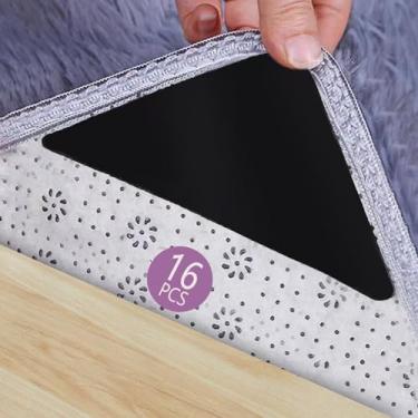 Imagem de 16 peças de fita de tapete, almofadas antiderrapantes para pisos e azulejos de madeira, fita de carpete reutilizável para tapetes de área, adesivos de tapete adesivo de dupla face mantêm os cantos