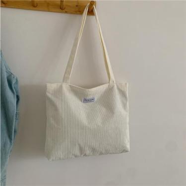 Imagem de Bolsa feminina de veludo cotelê, bolsa de ombro casual com zíper, bolsa de ombro de grande capacidade com bolsa (branca)