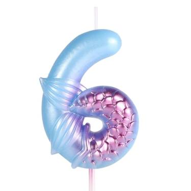 Imagem de Velas de aniversário de sereia, velas de número azul, decorações de aniversário de sereia, velas de feliz aniversário, topo de bolo, suprimentos de festa de aniversário para aniversário de casamento