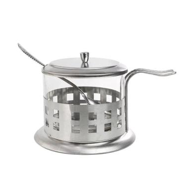 Imagem de Açucareiro Inox Vidro Prata Kit Completo Luxo Colher Tampa Removível Porta Açúcar Sal Pote Alça Chá Café