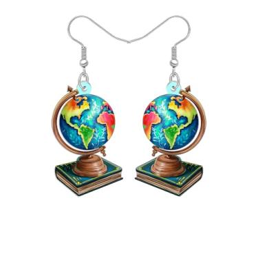 Imagem de Brincos de acrílico colorido globo do mundo presentes de agradecimento para professores para mulheres suporte de livros vintage tema geografia viagem joias estudantis para volta às aulas, Medium