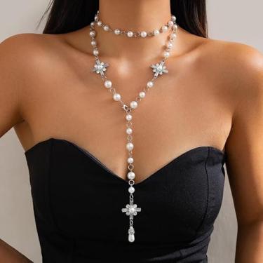 Imagem de Colar feminino com pingente de cruz de zircônia cúbica banhada a prata com pingente de cruz de pérolas falsas, corrente longa em Y, colar de joias modernas, presente