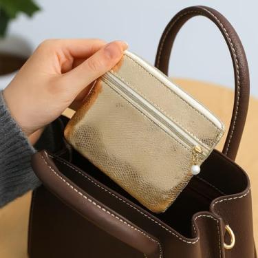 Imagem de Mini carteira de camada dupla, porta-cartão ultrafino com zíper, bolsa organizadora compacta para cartões de identificação para batom e fones de ouvido, Dourado, Tendência