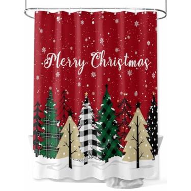 Imagem de Cortina de chuveiro vermelha Feliz Natal, árvore de Natal, impermeável, lavável, conjunto de cortinas de banheiro para decoração de banheiro, 91 x 182 cm de comprimento, flocos de neve brancos de