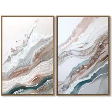 Imagem de QTESPEII Conjunto de arte de parede emoldurada grande com 2 impressões em tela de textura de onda abstrata pintura moderna multicolorida pastel arte minimalista decoração de parede para sala de estar