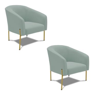 Imagem de Poltrona Decorativa Pé de Ferro Dourado Kit 2 Stella Cotelê Ext/Veludo Menta D03 - D'Rossi