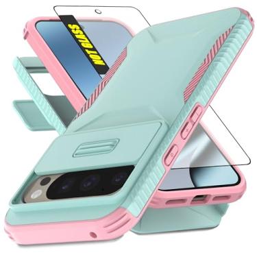 Imagem de AWZHYDT Capa para Google Pixel 10 Pro XL e 9 Pro XL | Capa de câmera deslizante integrada e protetor de tela [2 em 1] Capas protetoras resistentes à prova de choque (6,8 polegadas/ciano/rosa)