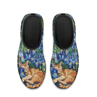 Imagem de SYtrade Tênis feminino artístico de viagem, sem cadarço, casual, para caminhada, sola preta, Pintura de flor azul gato, 37