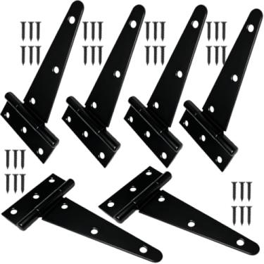 Imagem de Dobradiças com alça em T de 15 cm, dobradiças resistentes para galpão/celeiro/cerca, aço revestido de preto, ferragens para portas externas à prova de ferrugem com parafusos (pacote com 6)