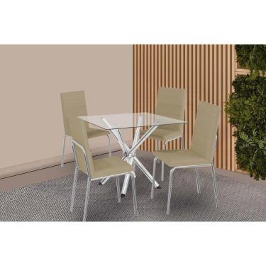 Imagem de Conjunto: Mesa Sala Jantar Volga C- Tampo De Vidro 90cm E 4 Cadeiras Amsterdã Cromada - Courano Capuccino - Kappesberg