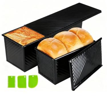 Imagem de Barlket Forma de pão Pullman com capa, forma de pão Pullman com tampa 13 x 4, capacidade de massa de 1 kg e 2 kg, 2 unidades de superfície ondulada antiaderente, para pão, sanduíches e torradas, preta