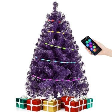 Imagem de Árvore de Natal roxa de 91 m com luzes, pequena árvore artificial de 91 cm, mini decoração de mesa, árvore de mesa de Natal com 80 luzes coloridas, 200 ramos, decoração de férias para casa, mesa de