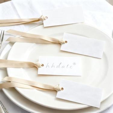 Imagem de hhdatc 50 peças, tabela, tabela, tabela, 4 x 9 cm, cartões de casamento em branco e etiquetas de presente penduradas para banquetes de casamento, jantares, decorações (bege)