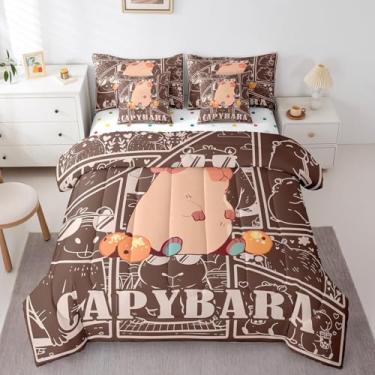 Imagem de Jogo de cama casal e edredom com desenho animado de capivara, frutas laranjas kawaii, 7 peças, fofo, capivara, roedores, amantes de animais, decoração com estampa de animais selvagens, marrom