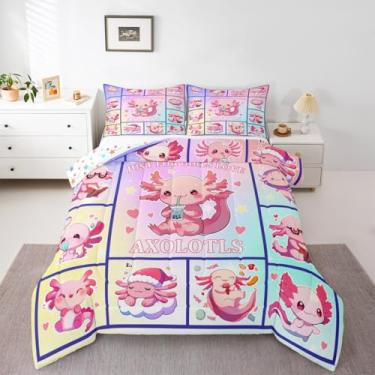 Imagem de Conjunto de edredom solteiro com estampa de salamandra marinha, estampa kawaii, gradiente colorido, tritão, para crianças, meninos, leite, chá, caminhada, peixe, criatura, rosa, fofo