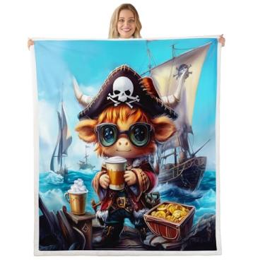 Imagem de Cobertor de gado pirata com desenho animado de vaca das terras altas para crianças, cobertor náutico de sherpa, quente, leve, tesouro, aventura, 127 x 152 cm, cobertor para decoração de sala de estar
