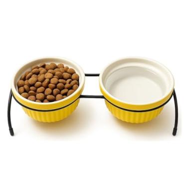 Imagem de Comedouro e Bebedouro Duplo para Gatos e Cães com Tigela de Cerâmica 350ml | Design Elegante e Funcional para Pets(Amarelo)