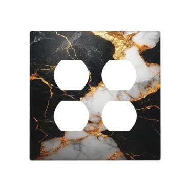 Imagem de SgEdao Capas decorativas modernas com padrão de mármore preto, dourado, cinza, placa de parede de 2 grupos, receptáculo duplex duplo, capa de interruptor de luz para banheiro, cozinha, decoração de
