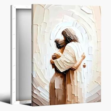 Imagem de Jesus Embracing Woman Canvas Wall Art Framed Safe in His Arms Picture Christian Painting Print Poster Decoração de parede para igreja, casa, sala de estar, quarto, jantar, escritório, sala de oração