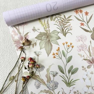 Imagem de Papel de parede botânico autoadesivo de flores silvestres bege para armários de cozinha (floral bege, 44 x 299 cm)