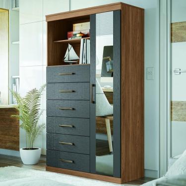 Imagem de Cômoda Multiuso 1 Porta E 6 Gavetas Com Espelho Marabá Santos Andirá Jatoba/grafitte