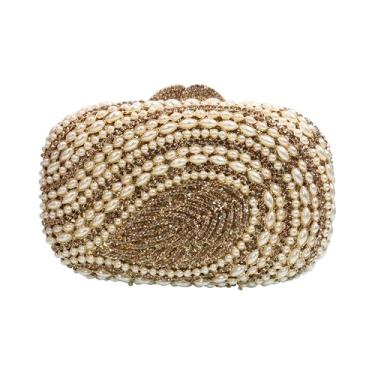 Imagem de BCVWQXA Bolsa feminina elegante de cristal pérola com estampa de folha, bolsa de noite de cristal, carteira de pérolas de luxo para festa de formatura de casamento, Dourado