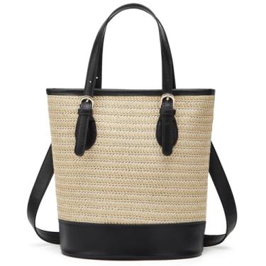 Imagem de Bolsa balde de palha feminina 2025 bolsa transversal de verão bolsa de crochê com alça superior de crochê fofa ombro praia viagem férias, Preto, 23 x 13.5 x 26 cm
