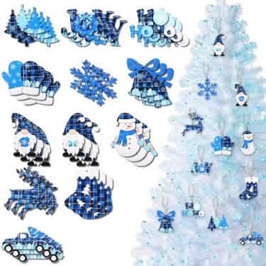 Imagem de Enfeites de Natal de madeira xadrez azul de 36 peças com desenhos de gnomo, floco de neve e boneco de neve, placas decorativas penduradas para festa de Natal e lareira