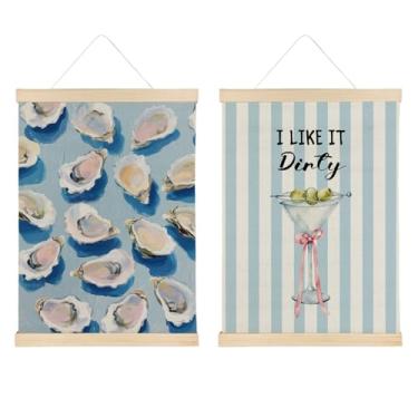 Imagem de ATBWGT Blue Coastal Martini Oyster Wall Art Decor, Preppy Beach Room Decor, Blue Striped Dirty Martini Cocktail Poster Hanger Frame for Home Kitchen Bar Pub Lounge, 30,5 x 40,6 cm, conjunto de 2